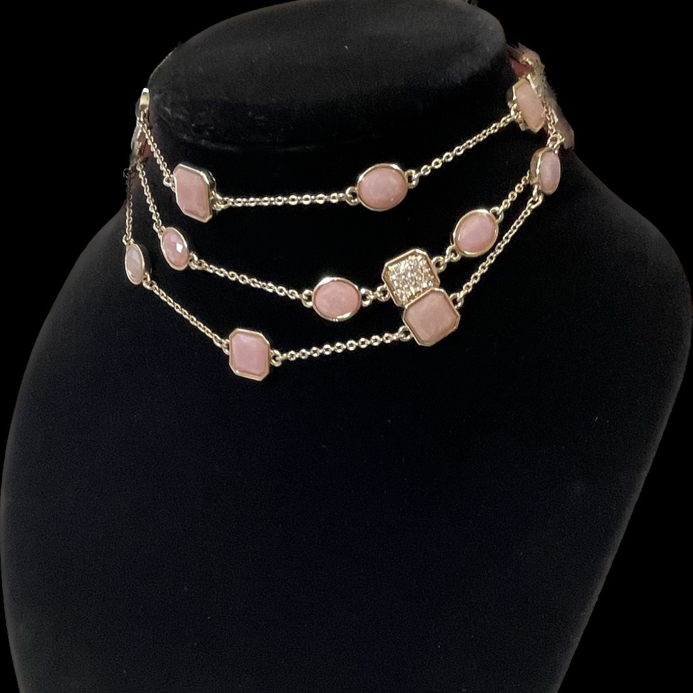 Ann Taylor Rose Quartz Beads and Pave Diamond Look Gold Opera Length Necklace